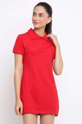 solid cotton collar neck women's mini dress - red