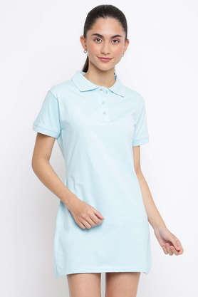 solid cotton collar neck women's mini dress - sky blue