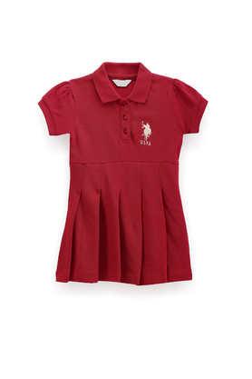 solid cotton collared girls casual wear dress - red