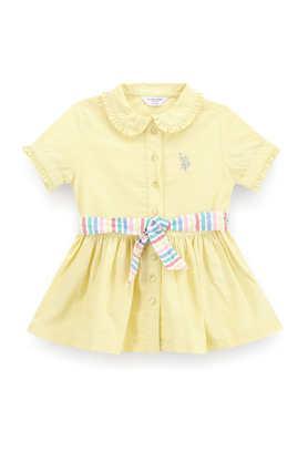 solid cotton collared girls casual wear dress - yellow