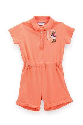 solid cotton collared girls casual wear jumpsuit - light orange