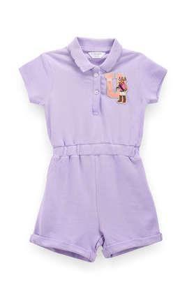 solid cotton collared girls casual wear jumpsuit - purple