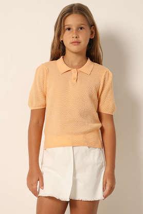 solid cotton collared girls t-shirt - peach