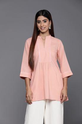 solid cotton collared women's fusion wear kurti - peach