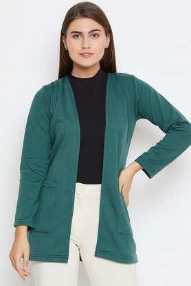 solid cotton collared women's jacket - teal