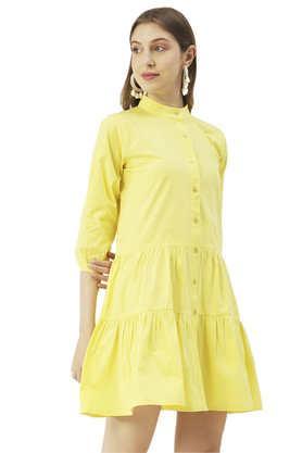 solid cotton collared women's maxi dress - yellow