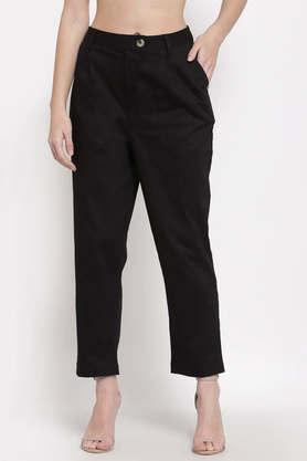 solid cotton flared fit women's pants - black