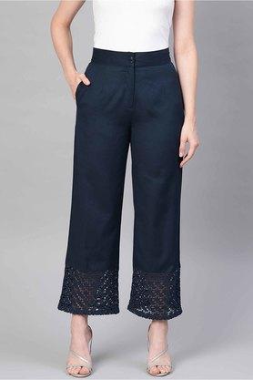 solid cotton flex womens ankle length palazzo - navy
