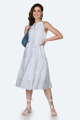 solid cotton halter neck women's midi dress - white