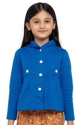 solid cotton hood girls sweatshirt - blue