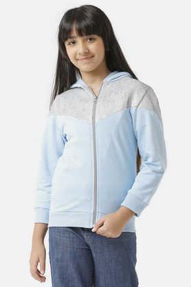 solid cotton hood girls sweatshirt - blue