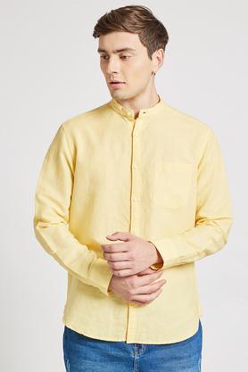 solid cotton linen blend  slim fit mens shirt - yellow