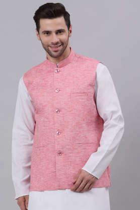 solid cotton linen blend regular fit men's nehru jacket - pink