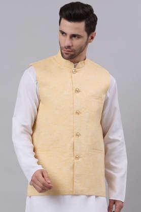 solid cotton linen blend regular fit men's nehru jacket - yellow