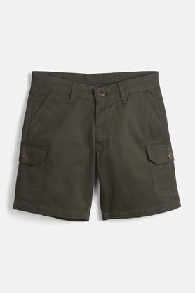 solid cotton lycra regular fit boys shorts - olive