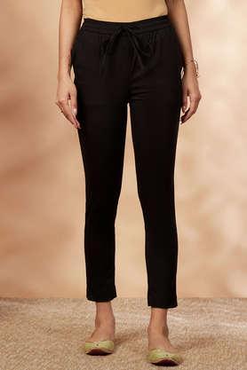 solid cotton lycra slim fit women's pants - black