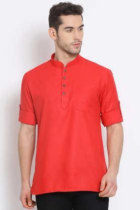 solid cotton mandarin collar men's party wear kurta - red