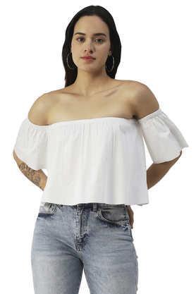 solid cotton off shoulder women's top - white