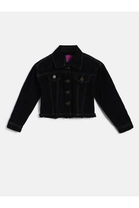 solid cotton polo girls casual jacket - black