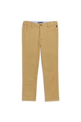 solid cotton regular fit boys pants - khaki