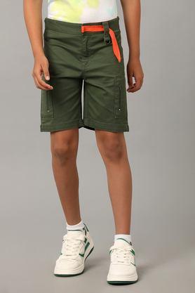 solid cotton regular fit boys shorts - olive