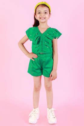 solid cotton regular fit girls co-ord set - green