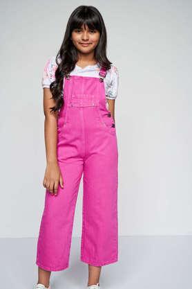 solid cotton regular fit girls jumpsuit - pink mix