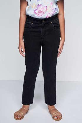 solid cotton regular fit girls pants - black
