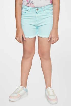 solid cotton regular fit girls shorts - turquoise