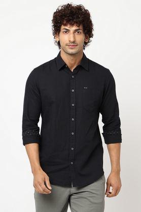 solid cotton regular fit men's casual shirt - black
