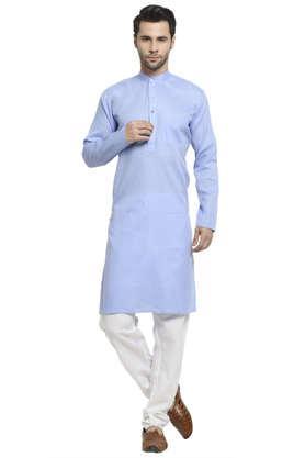 solid cotton regular fit men's kurta - sky blue