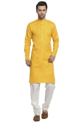 solid cotton regular fit men's kurta - yellow