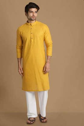 solid cotton regular fit men's kurta - yellow