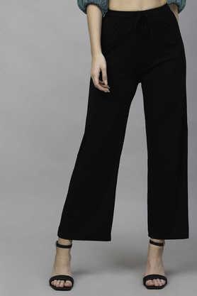 solid cotton regular fit women's pants - black