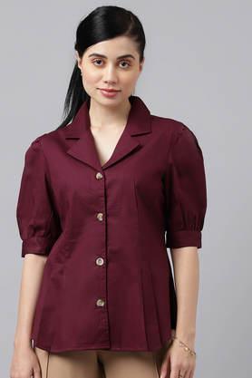 solid cotton regular fit women's shirt - burgundy