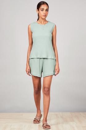 solid cotton regular neck women's top and shorts set - sage