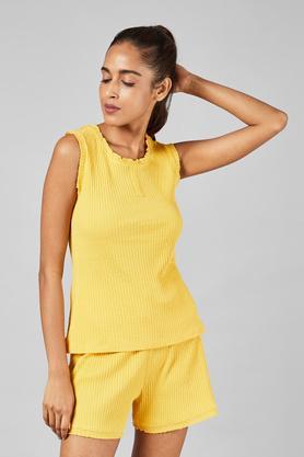 solid cotton regular neck womens top and shorts set - yellow