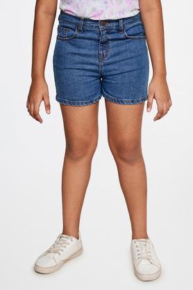 solid cotton relaxed fit girls shorts - blue