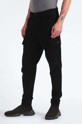 solid cotton relaxed fit men's casual trousers - black
