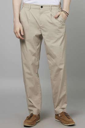 solid cotton relaxed fit men's casual trousers - brown