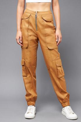solid cotton relaxed fit women's pants - tan