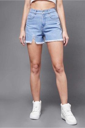 solid cotton relaxed fit womens casual shorts - blue