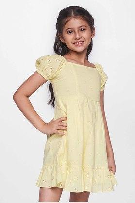 solid cotton round neck fusion wear dress - yellow