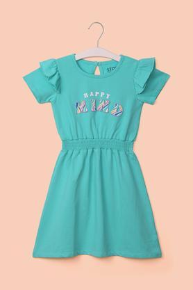 solid cotton round neck girl's casual wear dress - green