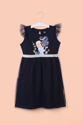solid cotton round neck girl's casual wear dress - navy
