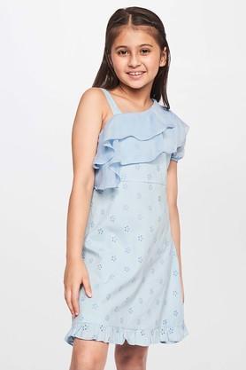 solid cotton round neck girl's fusion wear dress - blue