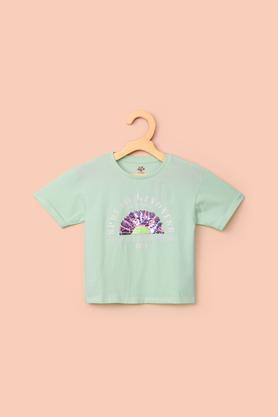 solid cotton round neck girl's top - green