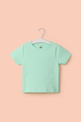 solid cotton round neck girl's top - green