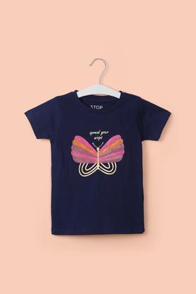 solid cotton round neck girl's top - navy