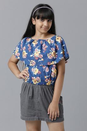 solid cotton round neck girl's top - navy
